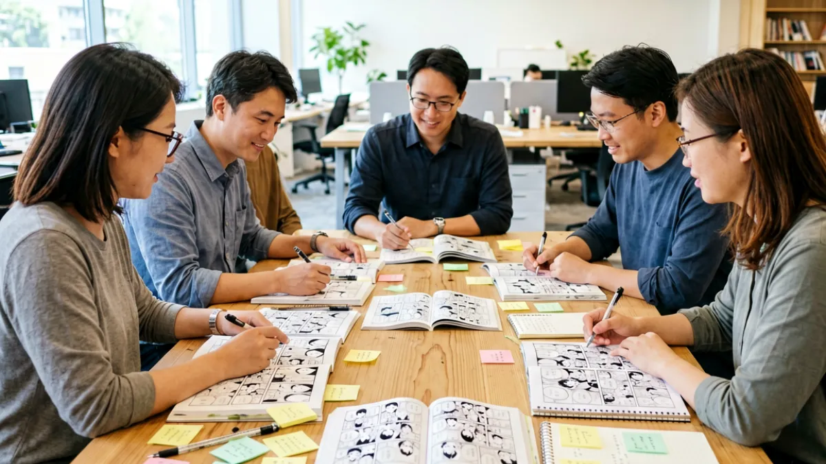 漫画天堂编辑团队在开放式办公空间讨论本期精选书单，桌上摆放着多部正在审读的纸质漫画原稿和标注笔记