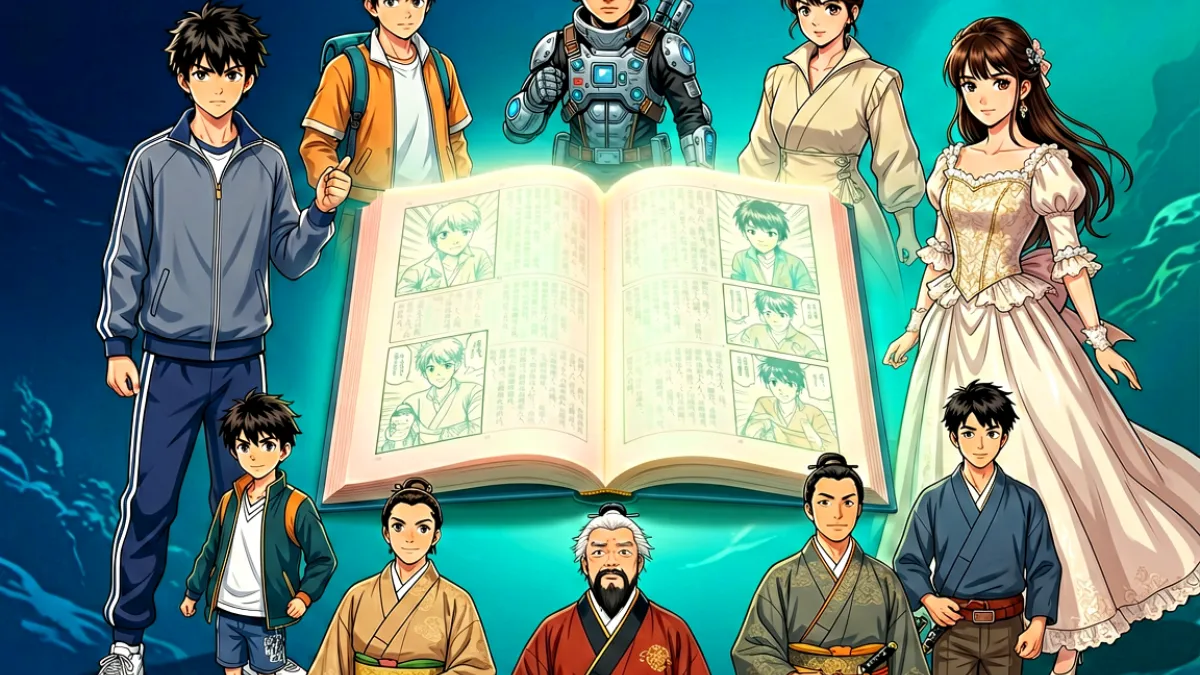 漫画天堂题材分类页面首屏大图：多种漫画风格插画围绕一本打开的漫画书展开，少年热血、少女浪漫、悬疑科幻等不同题材角色以拼贴形式环绕中央，展现平台丰富的题材覆盖能力