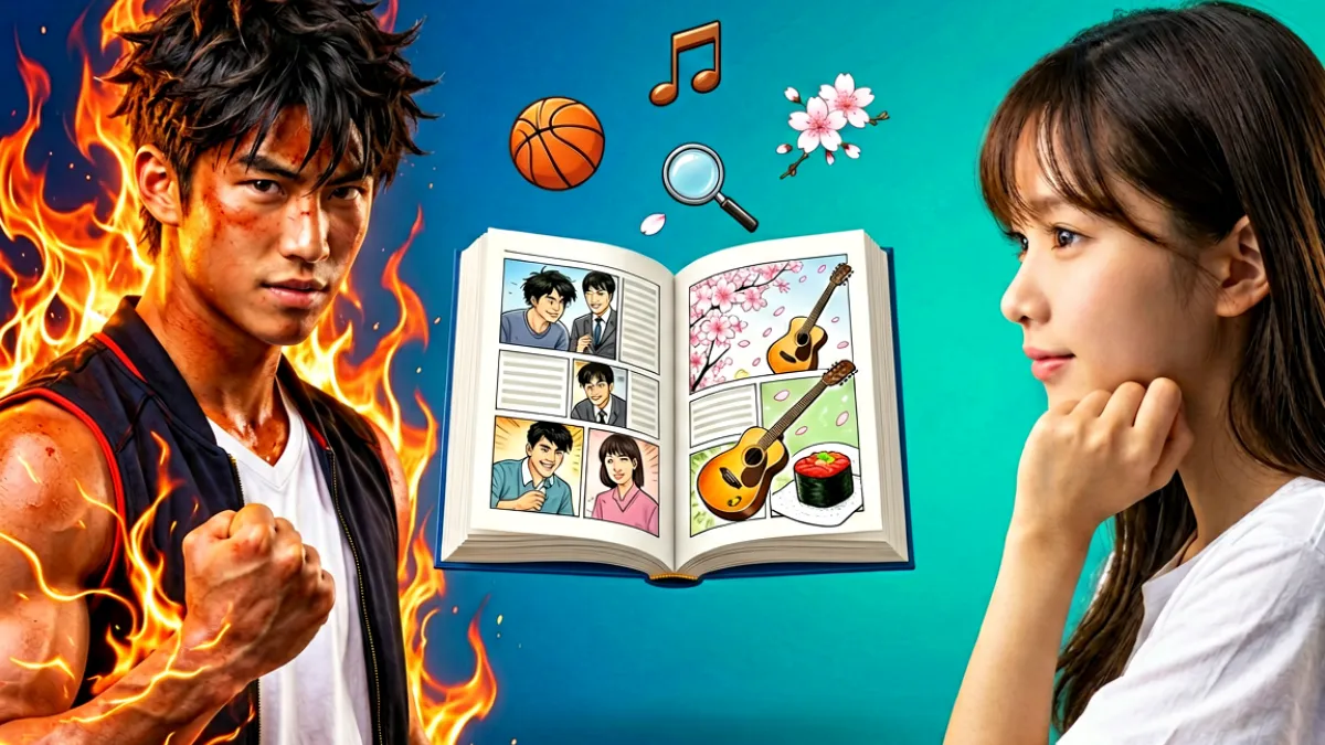 漫画天堂题材分类页面插图：三位不同风格的主角分列画面左右两侧，中间是一本悬浮展开的漫画书，书页中飘出代表各题材的小型场景图标，整体色调从深海蓝过渡到青绿