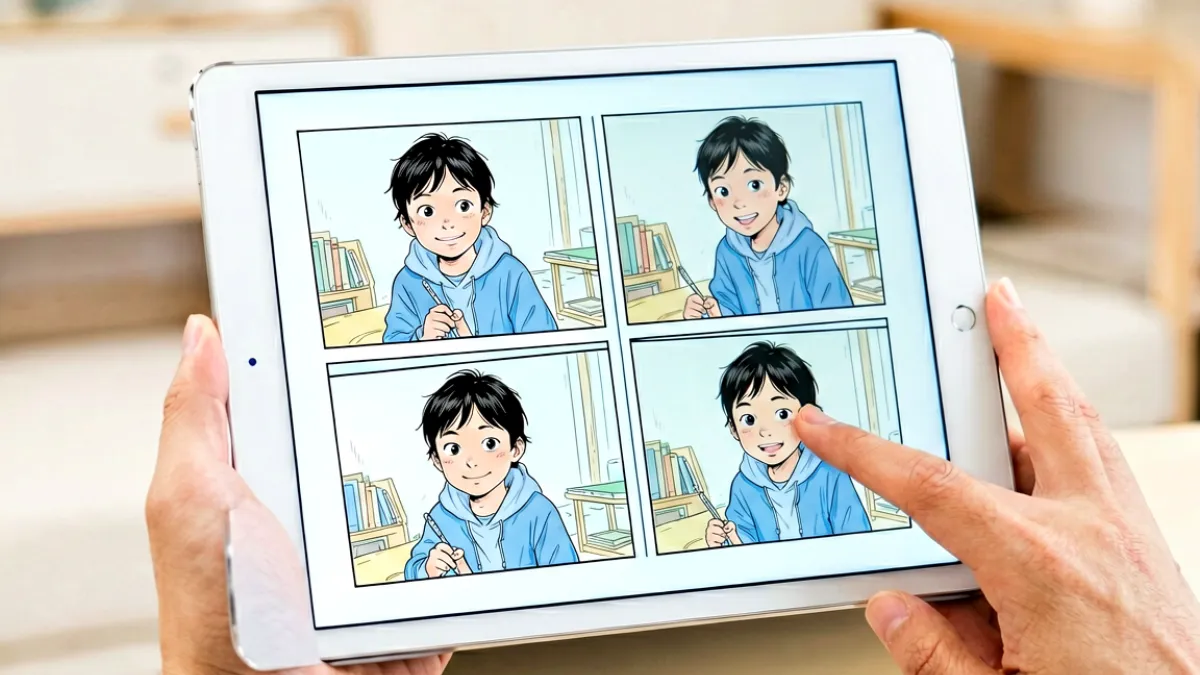 平板电脑屏幕上显示着漫画天堂的阅读界面，分镜画面清晰，页面简洁无干扰元素，手指正滑动翻页